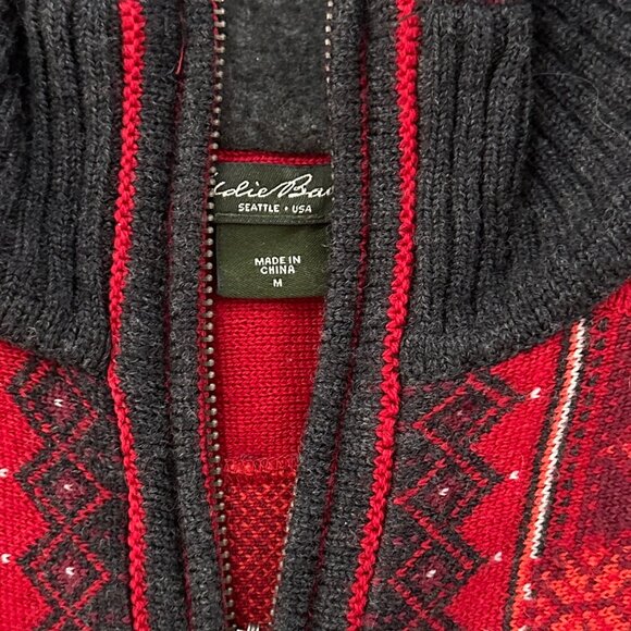 Eddie Bauer 100% Merino Wool Red Full Zip Sweater Women's MEDIUM Nordic - Picture 2 of 7